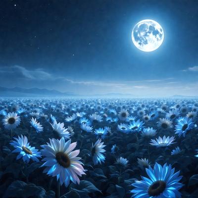 The primary subject of the image is a field of blue flowers, with a moon in the background. The setting is a nighttime landscape, and the visual style appears to be a digital art or illustration. The dominant colors are blue and white, creating a serene and peaceful atmosphere.